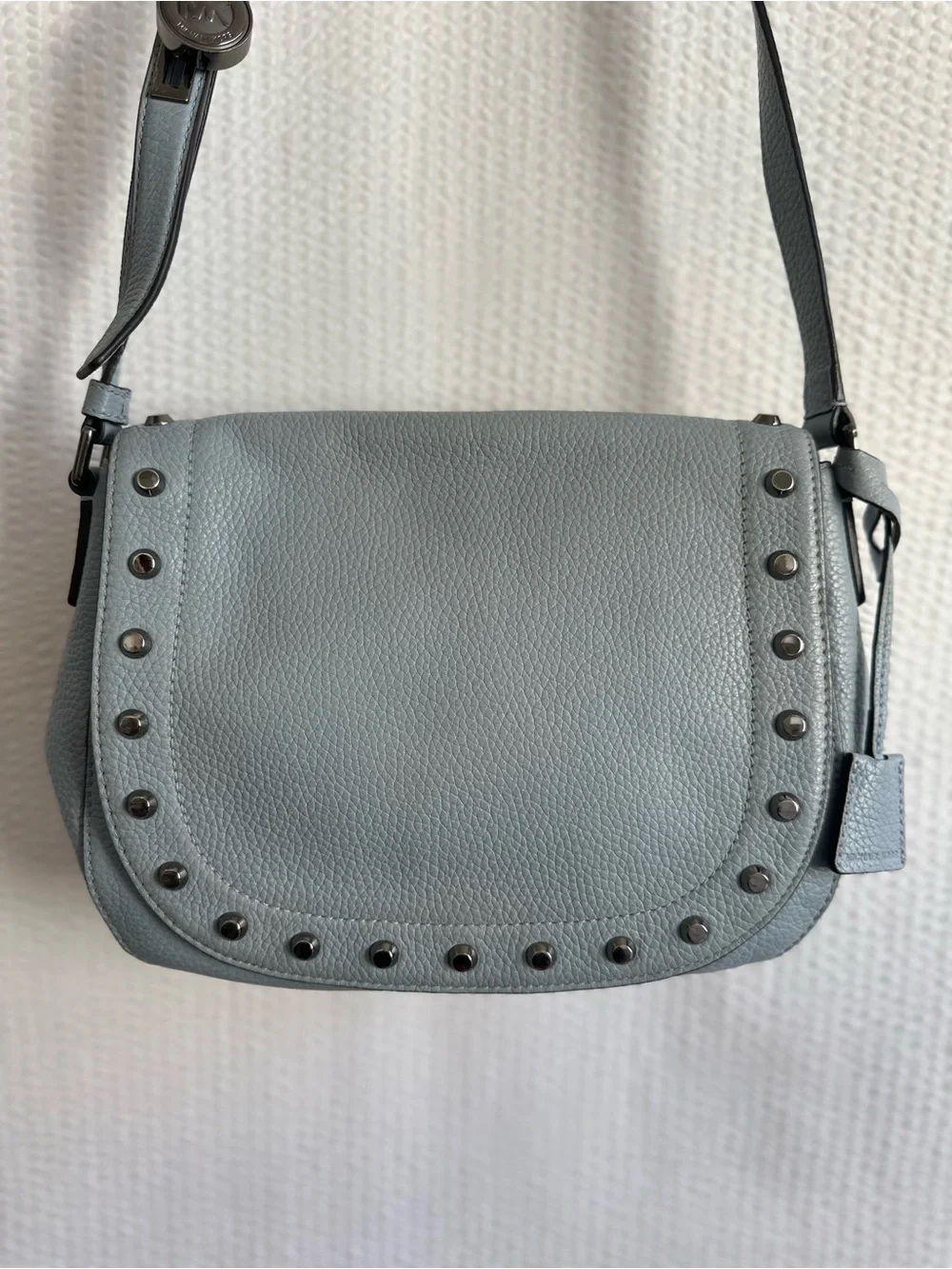 Michael Kors Blue Pebbled Leather Studded Saddle Crossbody Bag Messenger Purse